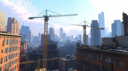 Fototapeta premium Construction Cranes Against City Skyline in Urban Landscape