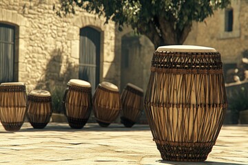A row of traditional drums displayed outdoors, showcasing craftsmanship and cultural significance.