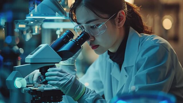 A female scientist intently examines a sample under a microscope in a modern laboratory.  The image evokes a sense of dedication and scientific discovery. 