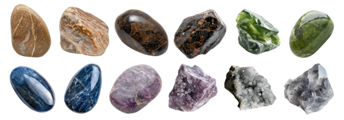 Collection set of gemstone mineral rocks crystal semi-precious stones on transparent cutout PNG. Lepidolite, Langbeinite, Euxenite, Ludlamite, Leucite, Kyanite. Many style. Mockup template for design