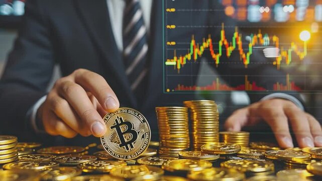 A businessman carefully places a Bitcoin cryptocurrency coin amidst stacks of gold coins, with a dynamic stock chart hologram overlay.