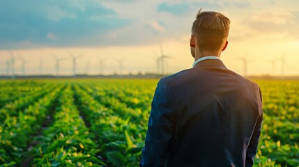 Fototapeta premium A businessman, dressed in a suit, stands in a vibrant green field, gazing towards wind turbines at sunset, representing sustainable agriculture.