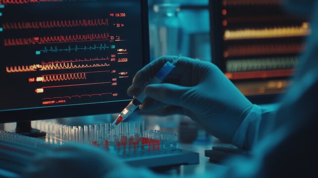 Modern medical science lab with DNA microarray technology for genetic profiling.