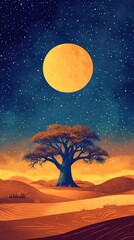 Fototapeta premium Lone Tree Underneath a Bright Moon and Starry Night