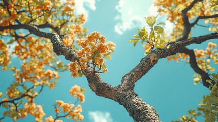 Obraz premium A low angle view of a tree with yellow flowers blooming against a blue sky with white clouds.
