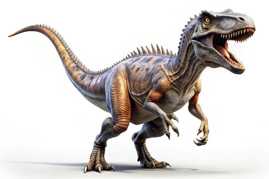 Rajasaurus Dinosaur, Long Exposure, White Background, Prehistoric Creature, Stock Photo