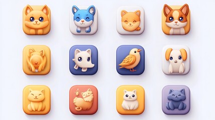 Cute animal icons digital design colorful background playful style