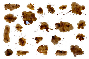 Set of isolated grunge coffee splash paint, coffee cup ring, vintage coffee art