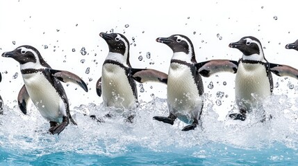 Obraz premium A group of penguins splashing through water, showcasing their playful nature.