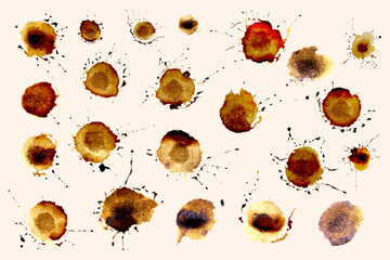 Set of isolated grunge coffee splash paint, coffee cup ring, vintage coffee art