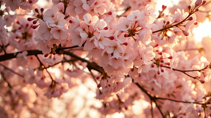 A peaceful spring scene with pink cherry blossoms blooming on tree branches against a clear blue sky