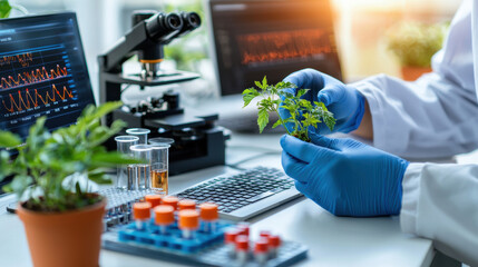 biotechnology researcher examines plant sample in lab, surrounded by scientific equipment and data displays. atmosphere reflects innovation and discovery in plant science