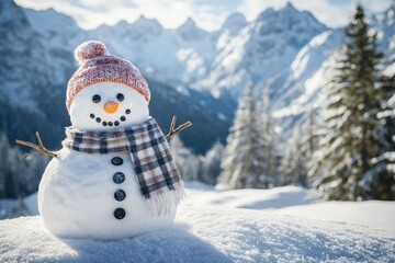 Obraz premium Panoramic View of a Happy Snowman Against a Winter Wonderland Background