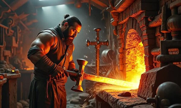 Skilled blacksmith forging a glowing sword in a fiery workshop with sparks flying and intense craftsmanship
