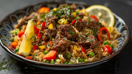 Special beef pilaf on a dark dish accented with lemon and colorful vegetables