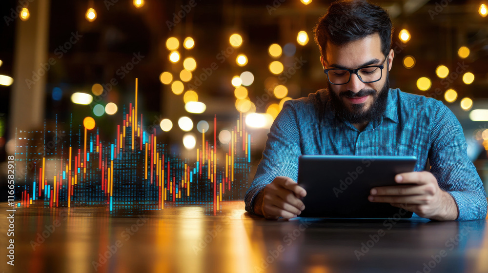 Aufkleber business professional reviewing market trends on tablet in modern workspace, surrounded by warm lighting and data visualizations, reflecting focus and analysis