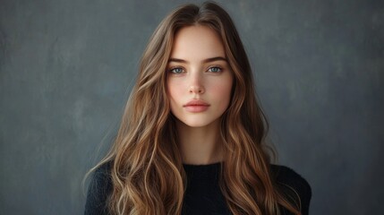 Making hairstory everyday with gorgeous hair. Studio shot of a young beautiful woman with long gorgeous hair posing against a grey background. © Adi