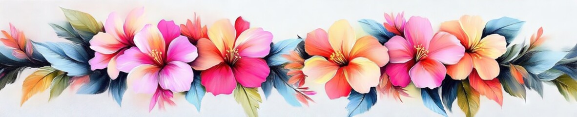 vintage oil painting of colorful tropical flowers and forever forever leaves and summer botanical 