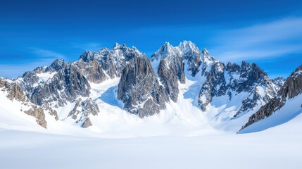 Naklejka premium Snow-capped mountains rise majestically against a clear blue sky, showcasing the serenity and grandeur of winter's beauty.