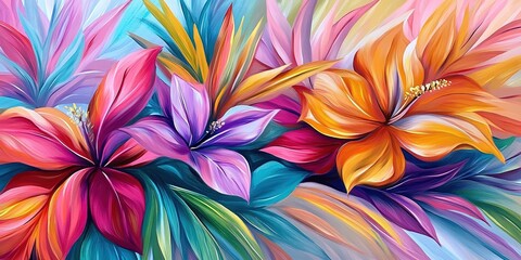 vintage oil painting of colorful tropical flowers and forever forever leaves and summer botanical 