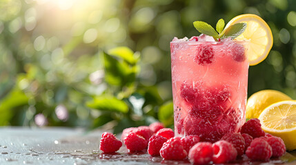 Iced raspberry lemonade in a frosty glass with fresh raspberries and a slice of lemon on a garden table