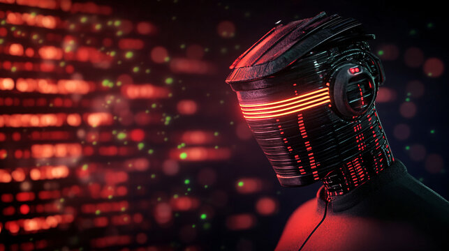 futuristic digital painting of glowing robot with sleek design, illuminated by vibrant red and green lights, set against backdrop of binary code