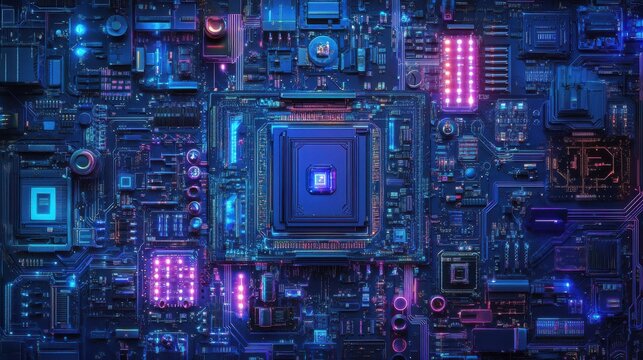 Blue and purple technology circuit board background with glowing electronic components - futuristic digital concept for innovation and connectivity