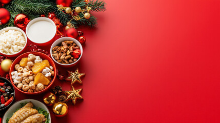 Festive Christmas snacks and treats arranged on red background, featuring nuts, dried fruits, and sweets, perfect for holiday celebrations and gatherings