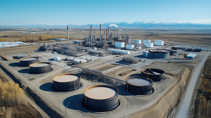 Fototapeta premium Overall View of Oil and Gas Installation with Drilling Rig, Pipeline Infrastructure, Energy Industry, Petrochemical Platform, and Global Petroleum Technology
