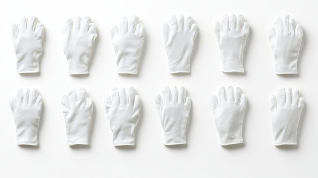 Twelve White Cotton Gloves Arranged in Rows on White Background Clean Minimalist Design
