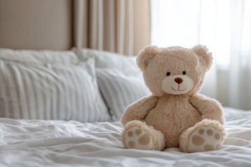 Plush Teddy Bear Sitting on a Bed - Perfect for Kids' Rooms and Gifts