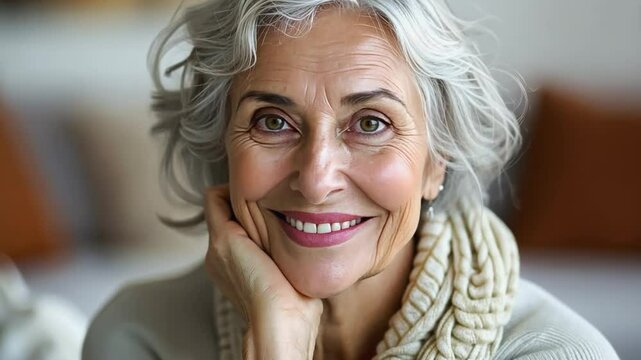 Portrait of a smiling, confident mature woman with gray wavy hair, showcasing natural beauty and healthy aging.  