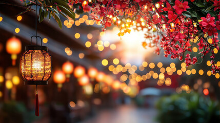 vibrant street scene adorned with red lanterns and blooming flowers, creating festive atmosphere. warm glow of lights enhances celebratory mood