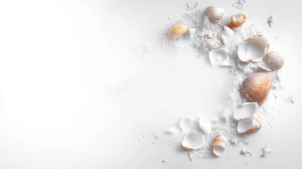Obraz premium Seashells and Sand on White Background Summer Beach Vacation Concept