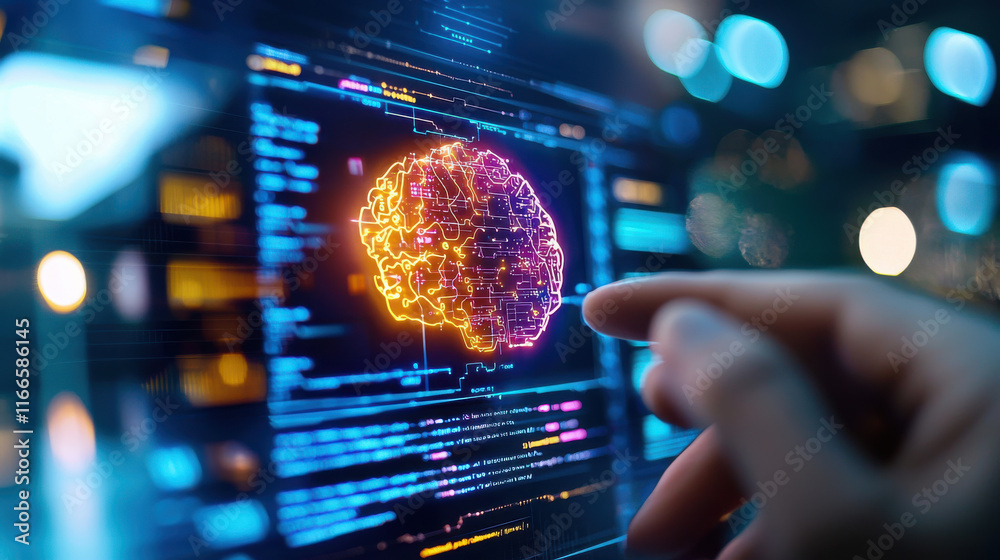 Poster close up of computer screen displaying vibrant AI algorithms and digital brain illustration. image captures essence of technology and innovation in artificial intelligence