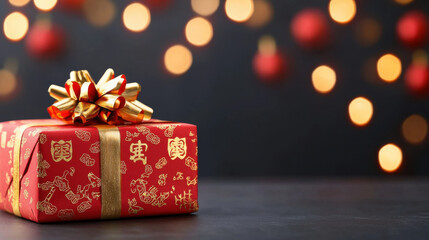 close up of festive gift box decorated with traditional symbols, perfect for Chinese New Year celebrations. vibrant red and gold colors evoke joy and prosperity