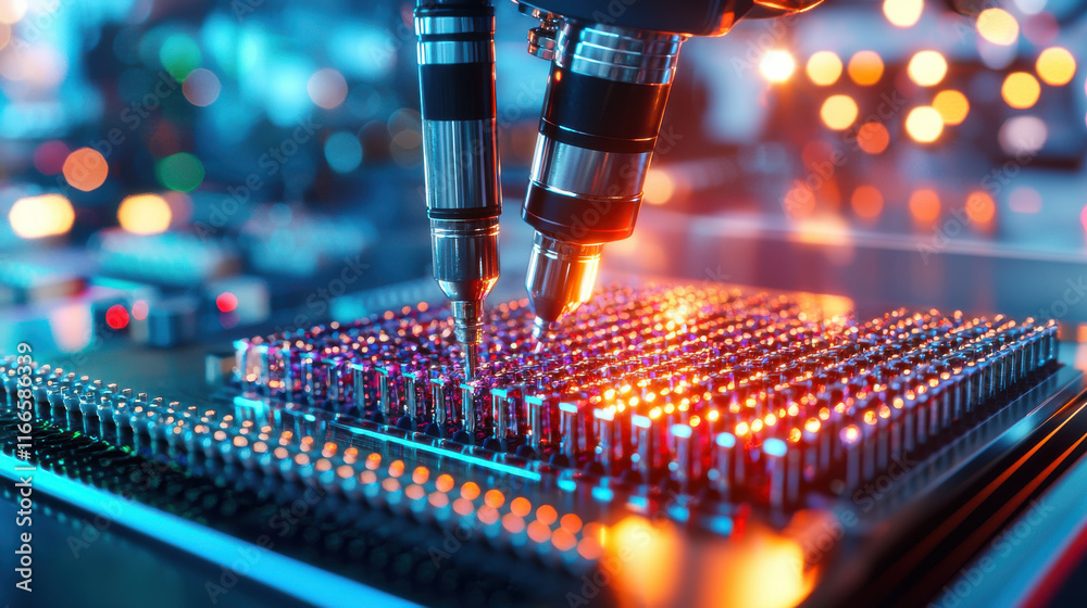 Aufkleber close up of precision machine working on microchip, showcasing intricate details and vibrant colors. scene captures essence of advanced technology and innovation
