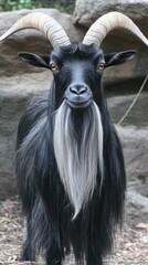 Obraz premium A black goat with a distinctive white beard stands in front of a rocky background.