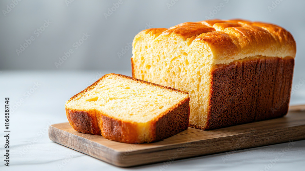 Poster close up of gluten free loaf of bread with slice cut, showcasing its soft texture and golden crust. 