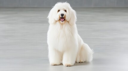 Adorable White Goldendoodle Dog Sitting Indoors Fluffy Pet Portrait