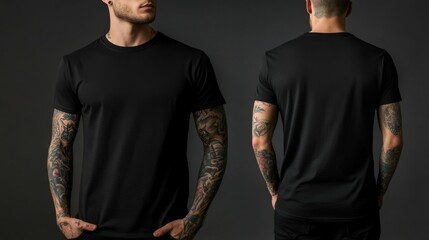 Male Model in Black t-shirt, plain blank tshirt mockup, Black tee, front and back view, with Tattooed Arms