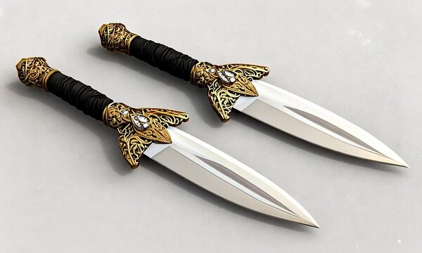 A pair of ornate daggers with intricate designs and sharp blades.