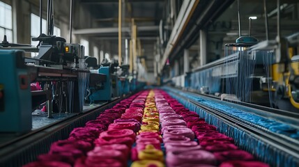 Industrial textile factory loom with colorful yarn.