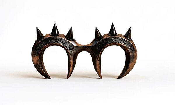 A decorative, spiked knuckle duster with intricate designs, suggesting combat or self-defense.