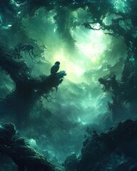 A mystical forest scene with ethereal light and a solitary bird perched on a branch.