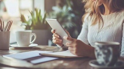 Close-Up of Woman Working at Desk with Tablet in Modern Workspace