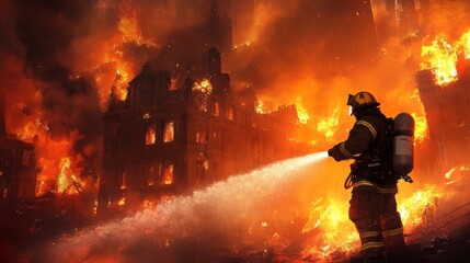 Firefighter battling intense blaze engulfing buildings.