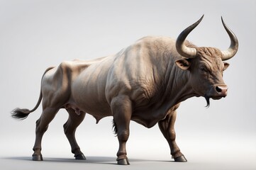 Obraz premium Powerful bull, muscular, large horns, light brown fur, standing against white background.