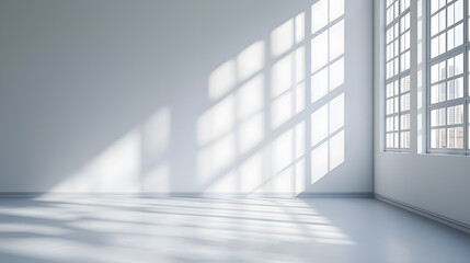 Obraz premium clean white wall with subtle shadowing from large windows creates serene atmosphere. natural light enhances spacious feel of room, perfect for various uses