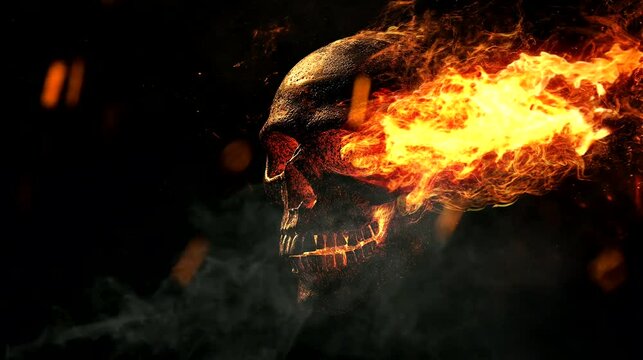 Dramatic Fiery Skull with Flames and Smoke. Seamless looping video background